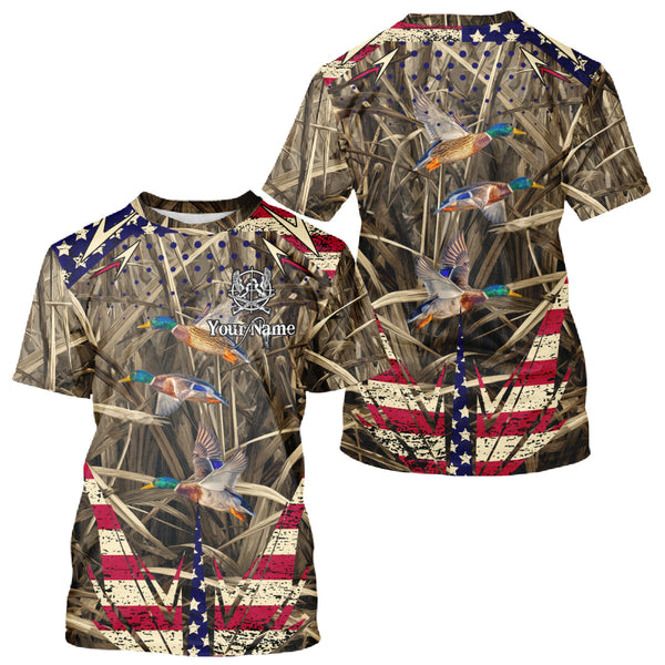 Maxcorners Beautiful Mallard Duck Hunting Waterfowl Camouflage Shirt with US Flag Duck Hunting Season LM1109