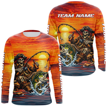 Maxcorners Skeleton Bass Fishing Shirts Long Sleeve – Sunset Fisherman Skull Design, Funny Fishing Gift For Anglers LM1203