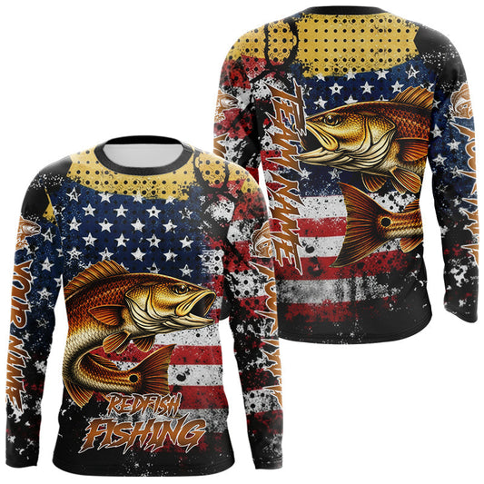 Maxcorners American Flag Custom Redfish Fishing Shirts Long Sleeve, Patriotic Redfish Fishing Jerseys LM2602