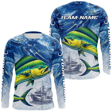 Maxcorners Personalized Mahi Mahi Fishing Shirt With Ocean Wave Graphic, Long Sleeve Fishing Apparel LM2603
