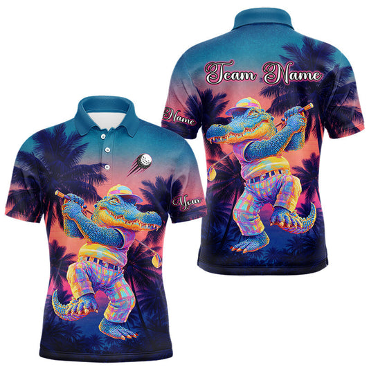 Maxcorners Funny Neon Alligator Golf Polo Shirts For Men Custom Team Alligator Golf Outfit, Golfer Gifts LM0404