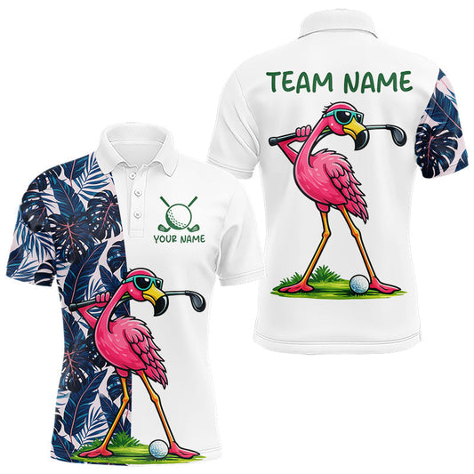 Maxcorners Funny Flamingo Mens Golf Polo Shirts Blue Tropical Flamingo Custom Name, Golf Gifts