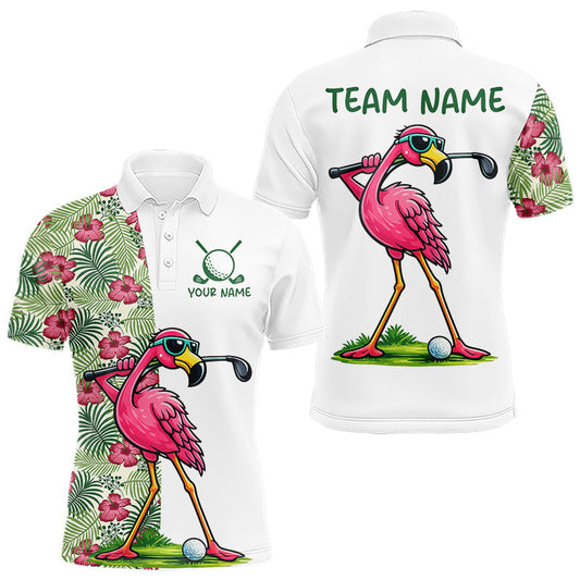 Maxcorners Funny Flamingo Mens Golf Polo Shirts Floral Tropical Leaf Flamingo Custom Name, Golf Gifts