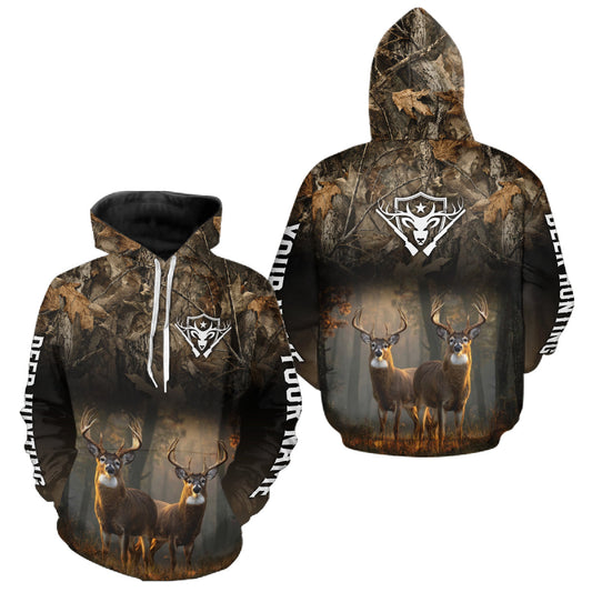 Maxcorners Personalized Forest Camo Deer Hunting Clothes Custom Name Whitetail Deer Design Hunting Hoodie