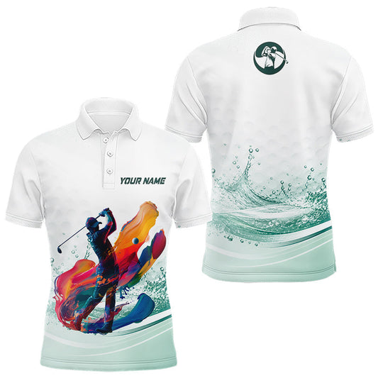 Maxcorners Mens Golf Polo Shirt Watercolor Custom Name White Golf Shirt, Golf Outfits LM1005