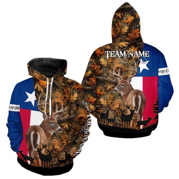 Maxcorners Texas Flag Fall Camo Whitetail Deer Hunting Hoodie, Longsleeve Shirt - Personalized Name Option LM0409