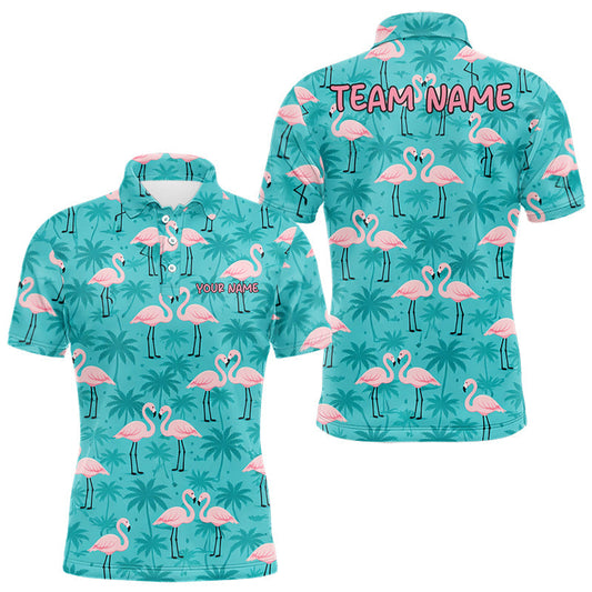 Maxcorners Mens Golf Polo Shirt Pink Flamingo Tropical Leaves Pattern Custom Team Flamingo Golf Polo Shirts LM1104
