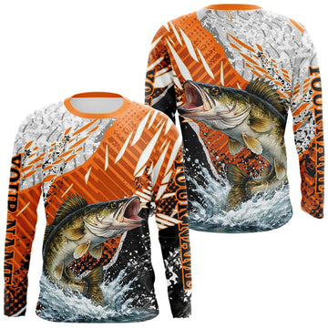 Maxcorners Walleye Fishing Shirts Long Sleeve Orange Camo, Personalized Walleye Fishing Jerseys LM2602