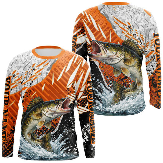 Maxcorners Walleye Fishing Shirts Long Sleeve Orange Camo, Personalized Walleye Fishing Jerseys LM2602