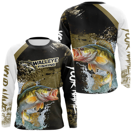 Maxcorners Green Camo Custom Walleye Fishing Shirts Long Sleeve, Walleye Fishing Jerseys LM2602