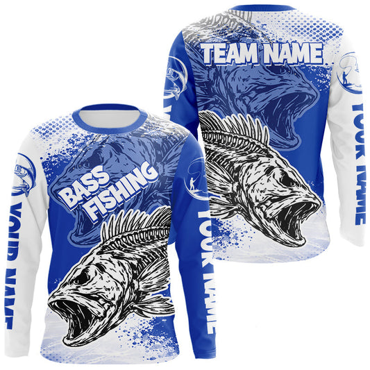 Maxcorners Blue Camo Bass Fishing Jerseys For Fishing Team, Bass Skeleton Fishing Shirts Long Sleeve LM2602