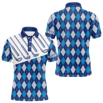 Maxcorners Blue Argyle Golf Polo Shirt For Men Plaid Pattern Custom Name, Golfer Gifts