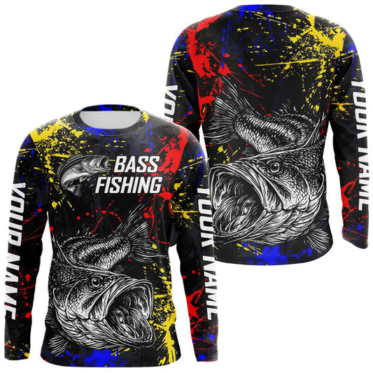 Maxcorners Colorful Paint Tattoo Bass Fishing Shirts Long Sleeve With Hood, Bass Fishing Jerseys LM0503