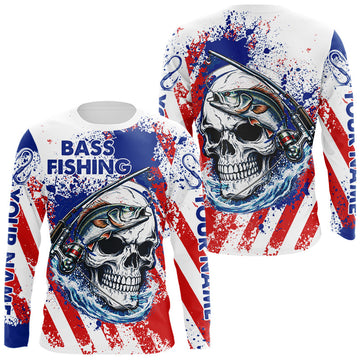 Maxcorners Custom American Flag Fishing Shirts Largemouth Bass Fishing Long Sleeve, Bass Fishing Shirts For Men LM2901