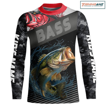 Maxcorners Personalized Largemouth Bass Fishing Long Sleeve Hooded Black Camo Shirts, Bass Fishing League Jerseys LM0201