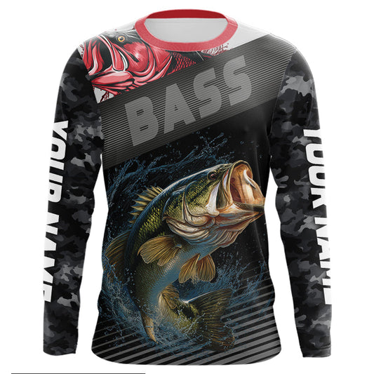 Maxcorners Personalized Largemouth Bass Fishing Long Sleeve Black Camo Shirts, Bass Fishing League Jerseys LM2512