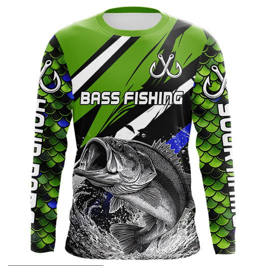Maxcorners Personalized Green Fish Scale Bass Fishing Jumping Jersey, Custom Performance Bass Shirt LM2512