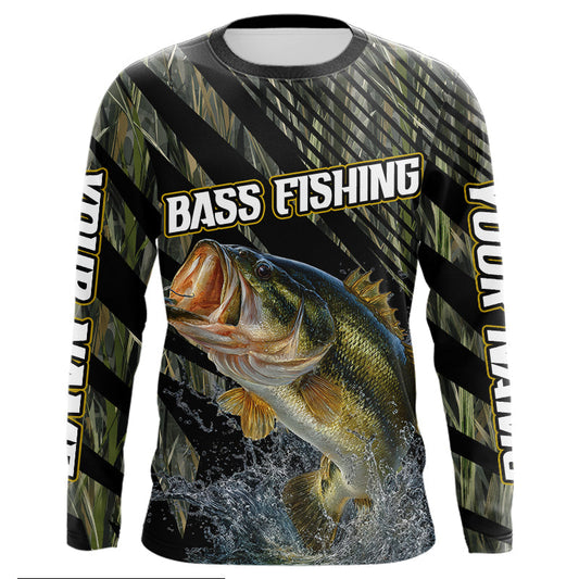 Maxcorners Personalized Reed Camo Bass Fishing Long Sleeve Shirts, Custom Diagonal Stripe Largemouth Bass Tournament Jerseys|Green LM2512