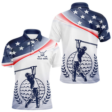 Maxcorners American Flag White Men Golf Polo Shirts Custom Patriotic Mens Golf Top, Golf Gifts LM2603