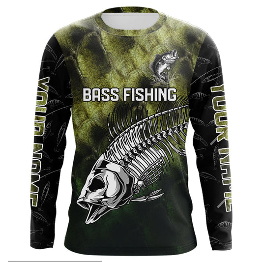Maxcorners Largemouth Bass Fish Scale Skeleton Customized Long Sleeve Fishing Shirts, Bass Fishing Jerseys LM0201