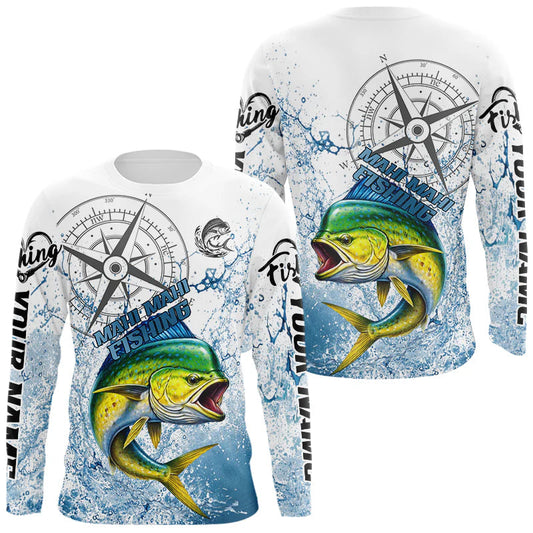 Maxcorners Custom Mahi Mahi Long Sleeve Fishing Shirts Saltwater Fish, Compass Offshore Tournament Fishing Shirts LM0404