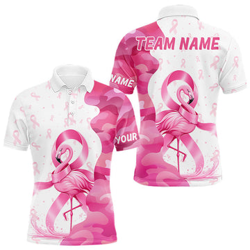 Maxcorners Flamingo Pink Glitter Ribbon Mens Golf Polo Custom Breast Cancer Awareness Golf Shirts, Golf Gifts LM0106