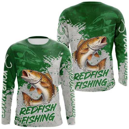 Maxcorners Personalized Redfish Fishing Shirts Long Sleeve Green Camo, Redfish Fishing Shirts For Men LM0402