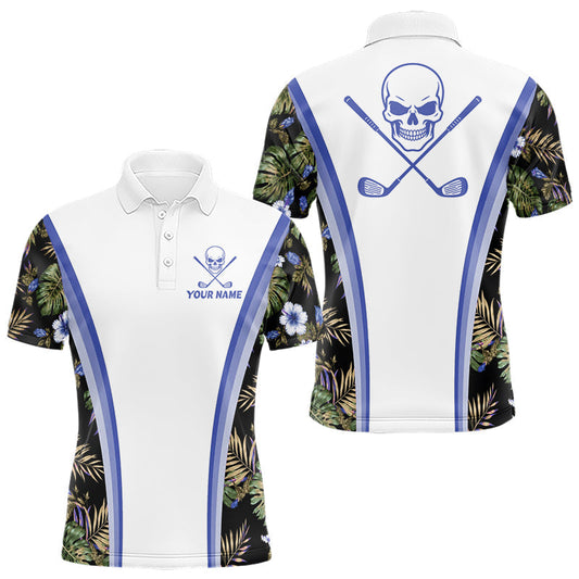 Maxcorners Custom Mens Golf Polo Shirts Funny Tropical Leaf Cross Skull Golf Clubs White Golf Shirt|Blue LM1005