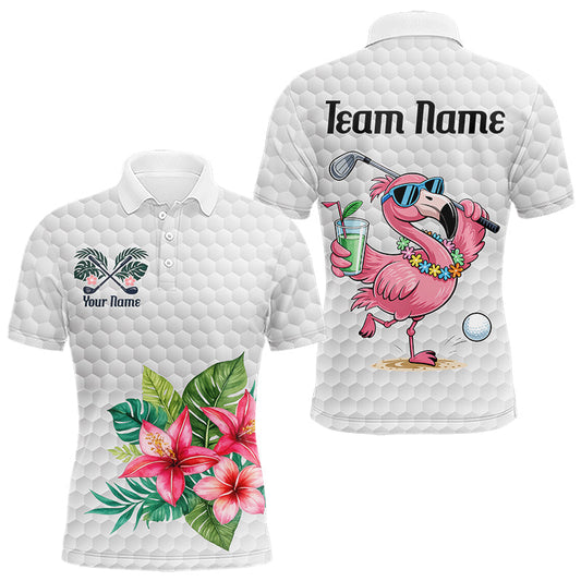 Maxcorners Golf Polo Shirts For Men Funny Flamingo Golf Ball Pattern Custom Name, Golf Gifts