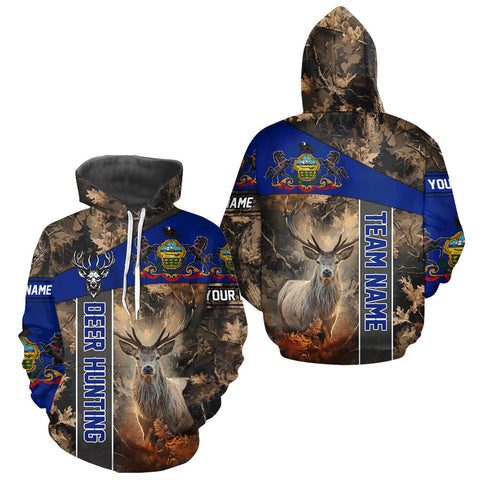 Maxcorners Pennsylvania Flag Deer Hunting Hoodie, Longsleeve Shirt, Brown Camo Custom Name LM0409
