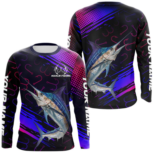 Maxcorners Custom Marlin Fishing Shirts Fish Hooks Long Sleeve Performance Shirt, Marlin Fishing Jersey LM1203