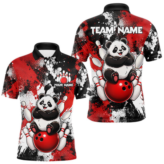 Maxcorners Funny Black And Red Panda Bowling Polo & Quarter Zip For Men, Custom Bowling Team Shirt Bowling Jersey
