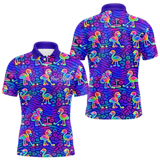 Maxcorners Colorful Neon Rainbow Leopard Flamingo Pattern Mens Polo Shirts, Custom Flamingo Golf Shirts