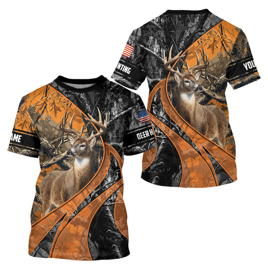 Maxcorners Whitetail Deer Hunting Orange and Black Camo Shirts with US Flag, Personalized Hunting Shirt LM2608