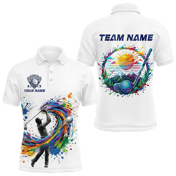 Maxcorners Mens Golf Polo Shirt Watercolor Golfer Golf Pattern Custom Name White Golf Shirt, Golf Gifts LM2704