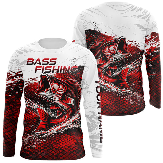 Maxcorners Custom Largemouth Bass Red Fish Scale Long Sleeve Fishing Shirts, Bass Fishing Jerseys|Red LM2512
