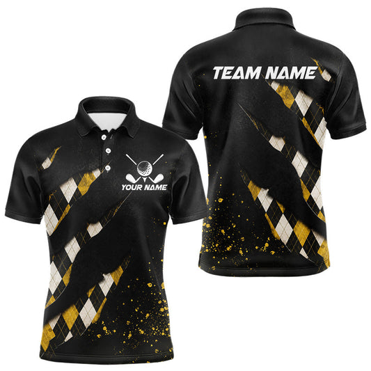 Maxcorners Black And Yellow Argyle Plaid Pattern Mens Golf Polo Shirts Custom Golf Attire For Men, Golf Team Shirt