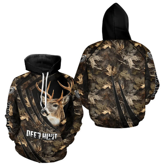 Maxcorners Personalized Whitetail Deer Hunting 3D All Over Printed Hoodie Brown Autumn Leaves Camo LM1411