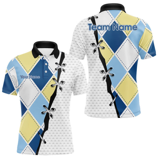 Maxcorners Mens Golf Polo Shirt Custom Blue And Yellow Golf Argyle Plaid Pattern, Personalized Golf Gifts LM1705