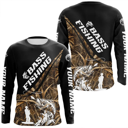 Maxcorners Personalized Largemouth Bass Tatto Grass Camo Customized Long Fishing Tournament Shirts LM0201