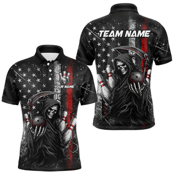 Maxcorners American Flag Custom Grim Reaper Bowling Quarter Zip Shirts For Men, Halloween Skull Bowling Shirt, Team Jersey Polo & Quarter Zip LM2607