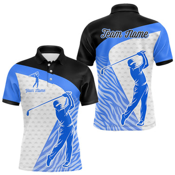 Maxcorners Blue Zebra Pattern Mens Golf Polo Shirts Custom Name Gift For Golf Lovers