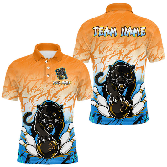 Maxcorners Custom Orange And Blue Leopard Bowling Men Polo & 1/4 Quarter Zip Shirt, Bowling League Team Shirt