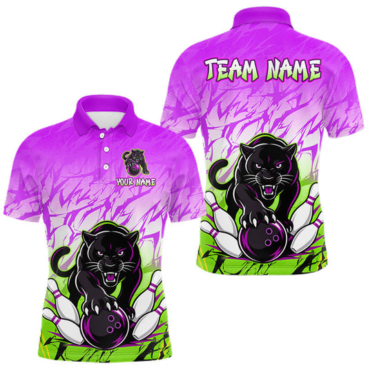 Maxcorners Custom Purple And Green Leopard Bowling Men Polo & 1/4 Quarter Zip Shirt, Bowling League Team Shirt