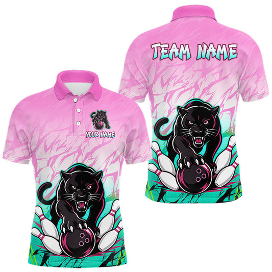 Maxcorners Custom Pink And Turquoise Leopard Bowling Men Polo & 1/4 Quarter Zip Shirt, Bowling League Team Shirt