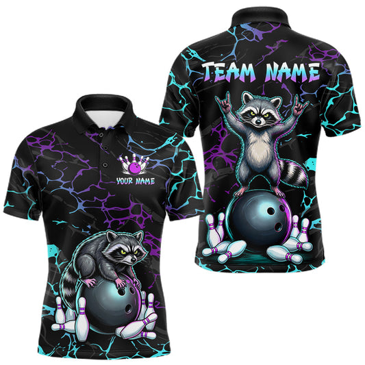 Maxcorners Neon Blue Purple Funny Raccoon Bowling Team Shirt Customized Bowling League Polo & 1/4 Zip Gift For Men