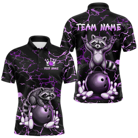 Maxcorners Purple Funny Raccoon Bowling Team Shirt Customized Bowling League Polo & 1/4 Zip Gift For Men