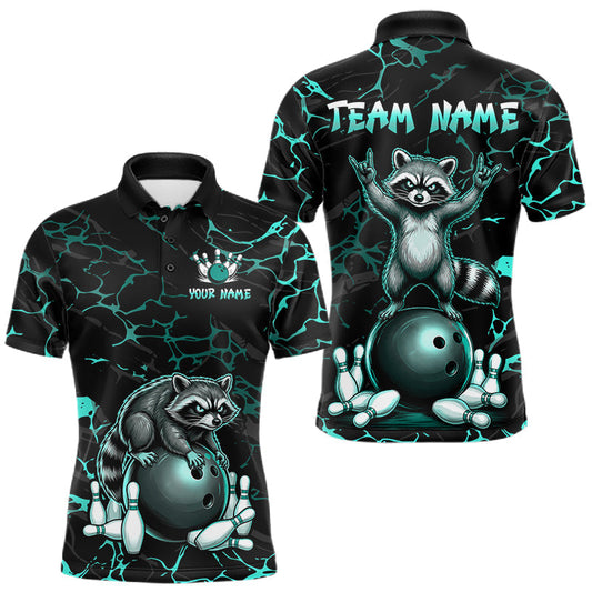 Maxcorners Turquoise Funny Raccoon Bowling Team Shirt Customized Bowling League Polo & 1/4 Zip Gift For Men