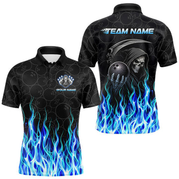 Maxcorners Custom Blue Fire Flame Grim Reaper Skull Bowling Menpolo & 1/4 Quarter Zip Shirt, Halloween Outfit LM1307