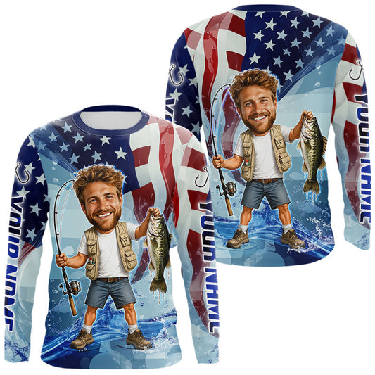 Maxcorners Custom Photo Funny Bass Fishing Shirts Long Sleeve American Flag For Men, Funny Bass Fishing Team|Blue LM1705